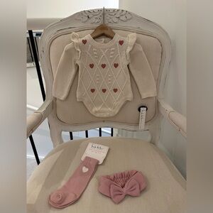 🤍 3~6 Mth Cream and Pink Embroidered Heart Bubble Knit Baby Set 100% Cotton NWT